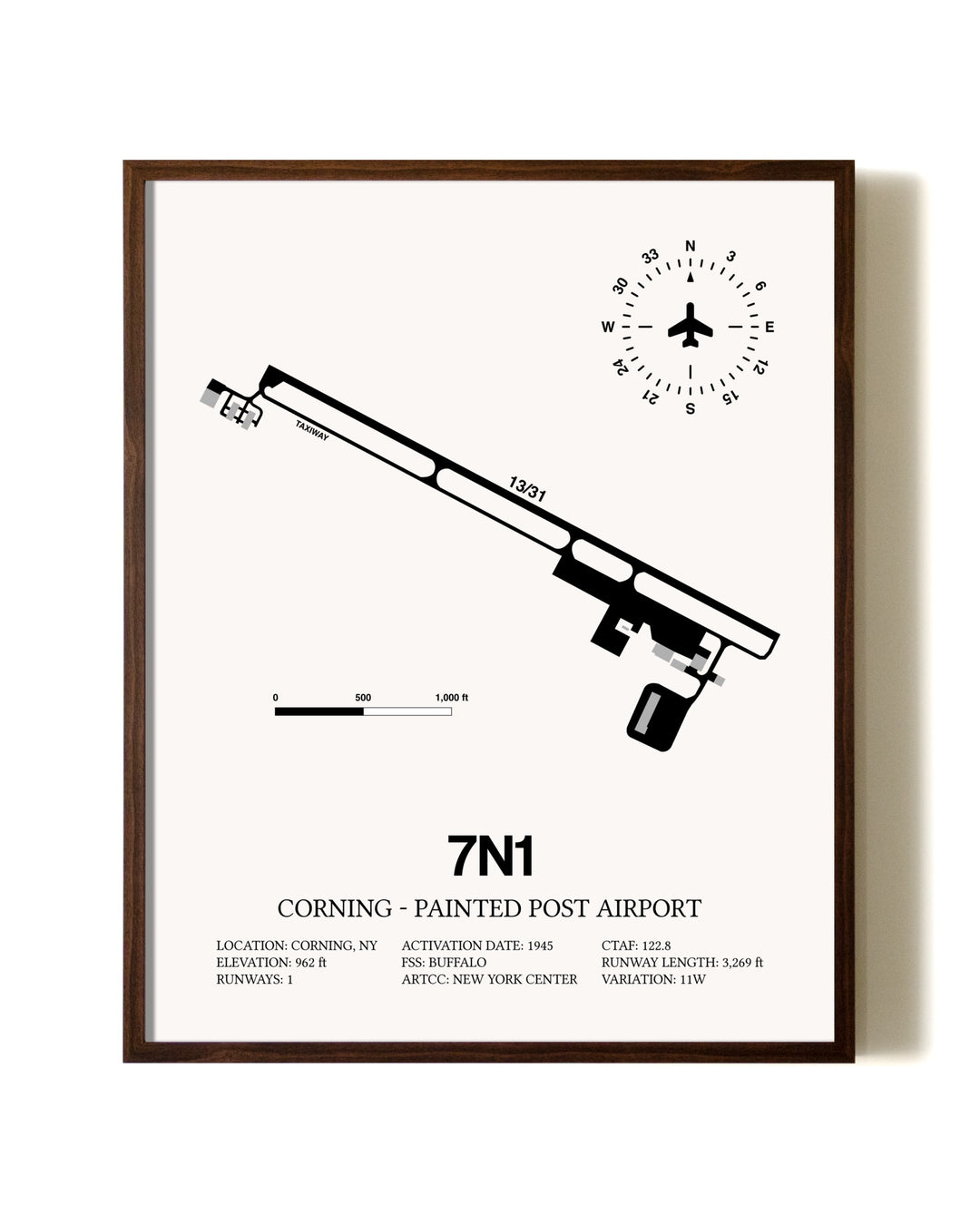 Corning - Painted Post Airport aviation print in walnut frame