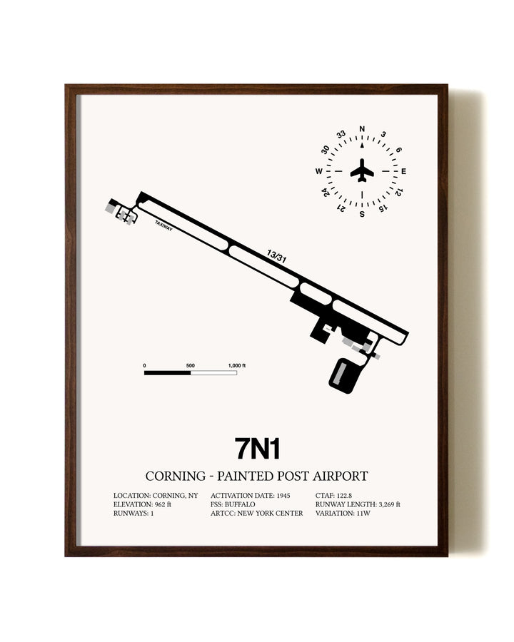 Corning - Painted Post Airport aviation print in walnut frame