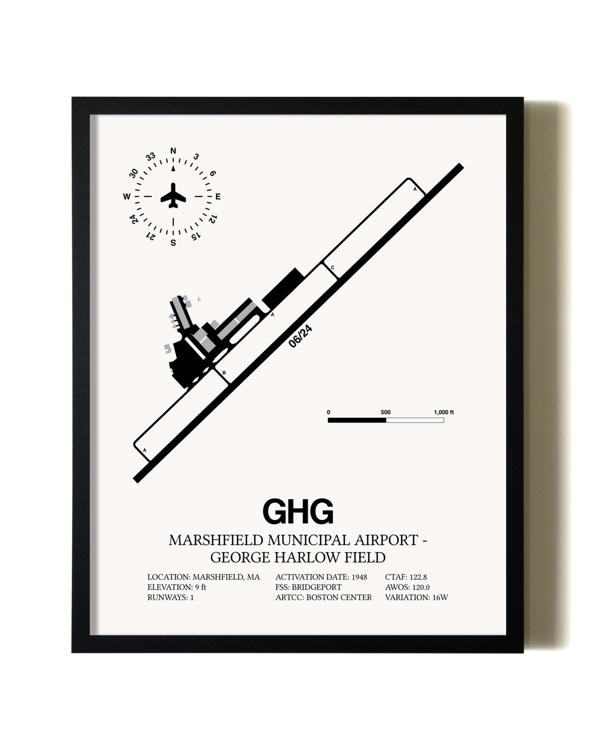 Framed Marshfield Municipal Airport-George Harlow Field wall art poster in black frame