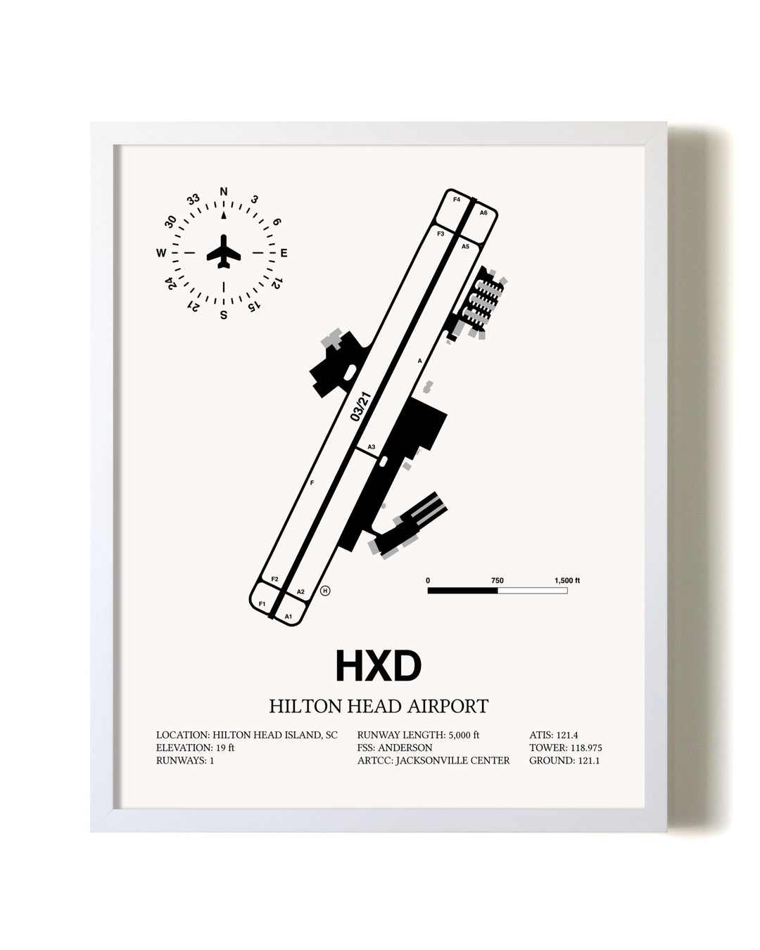 Hilton Head Airport airport map poster in oak frame