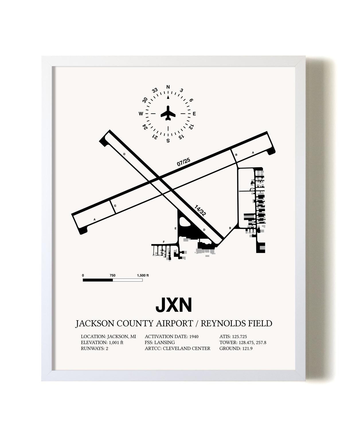 Jackson County Airport / Reynolds Field airport map poster in oak frame