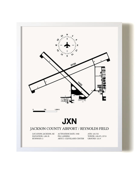 Jackson County Airport / Reynolds Field airport map poster in oak frame
