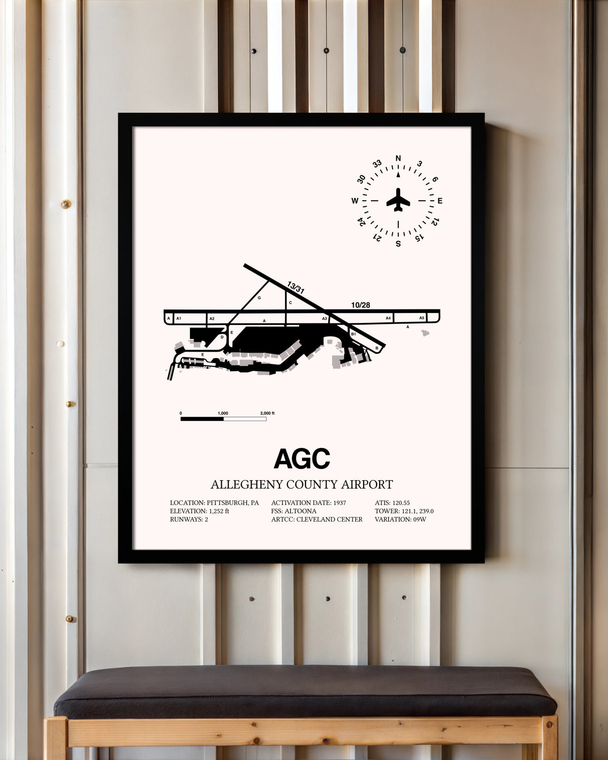 Allegheny County Airport framed poster displayed in an airplane hangar