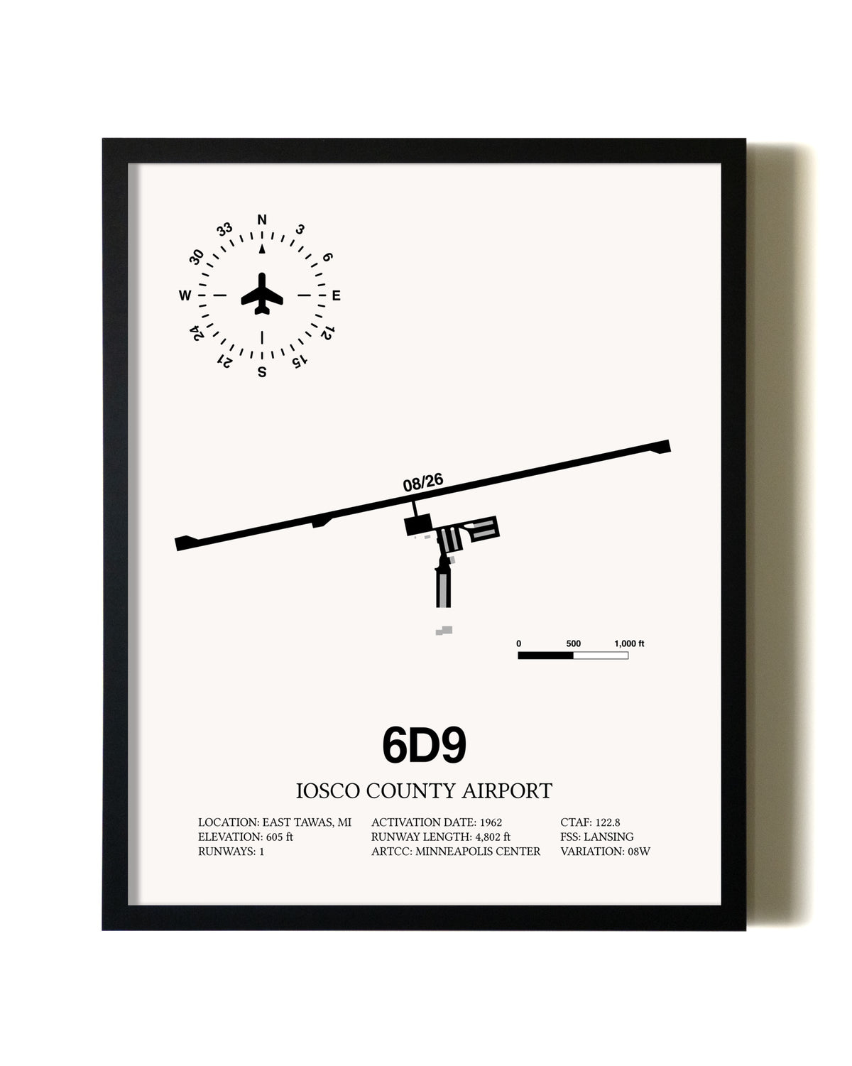 Framed Iosco County Airport wall art poster in black frame
