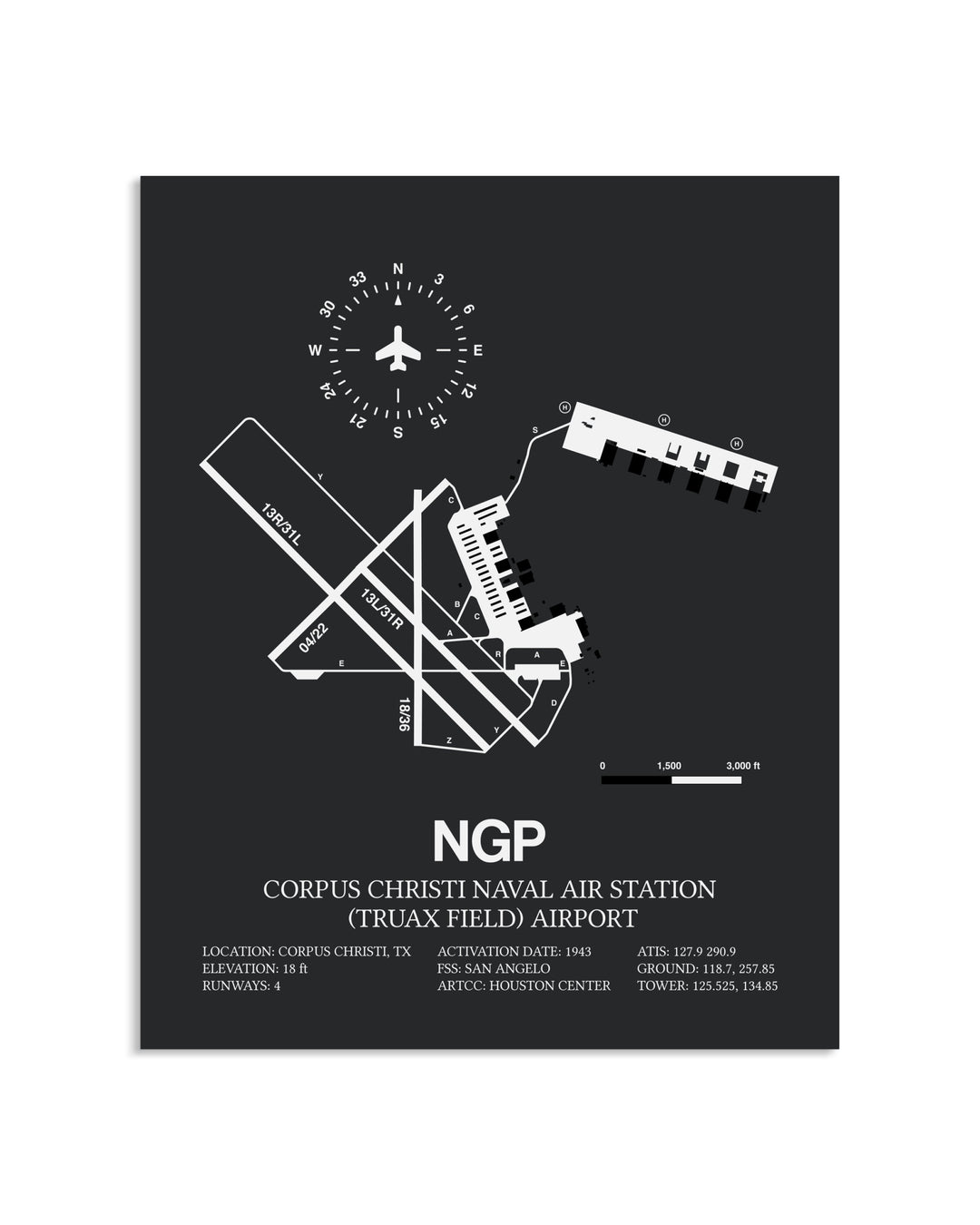 Gray Framed Corpus Christi Naval Air Station (Truax Field) Airport layout wall art poster