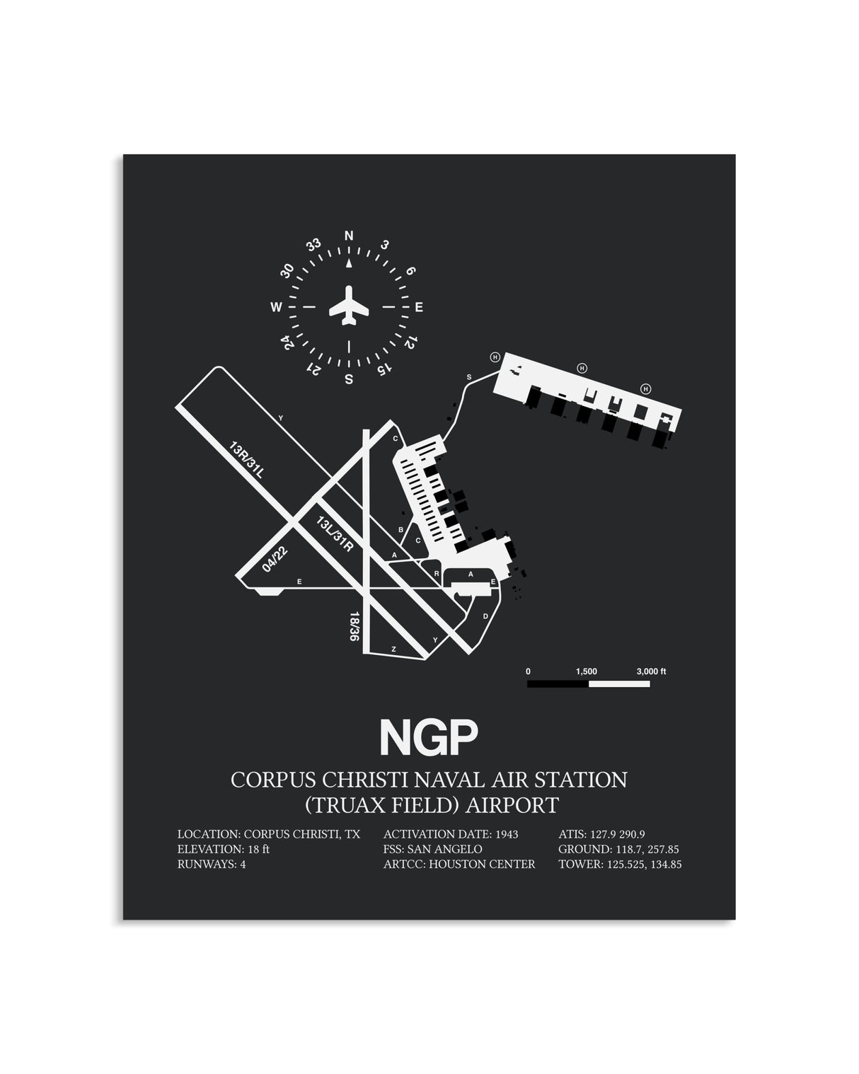 Gray Framed Corpus Christi Naval Air Station (Truax Field) Airport layout wall art poster