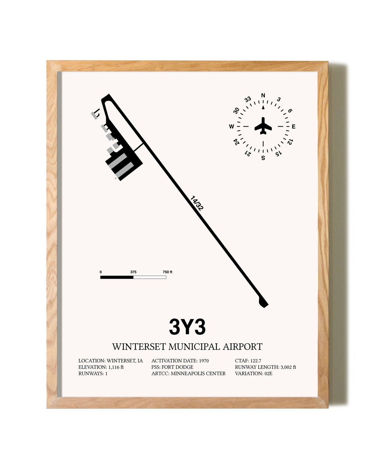 Winterset Municipal Airport framed print in natural wood frame