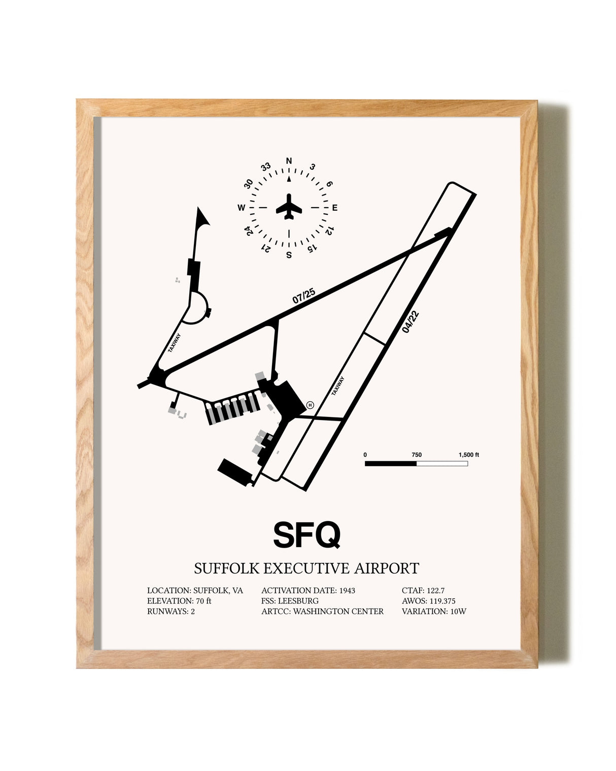 Suffolk Executive Airport framed print in natural wood frame