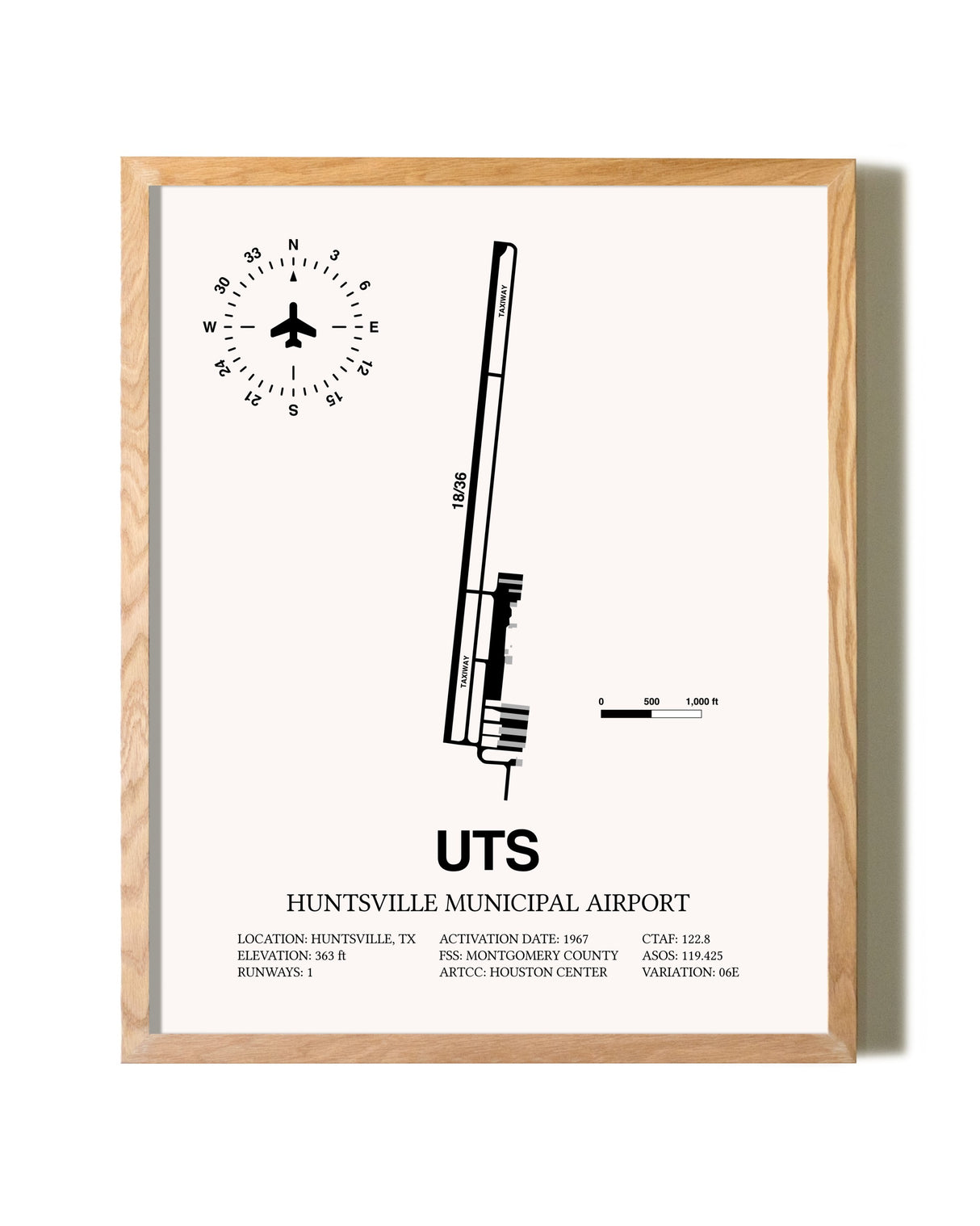 Huntsville Municipal Airport framed print in natural wood frame