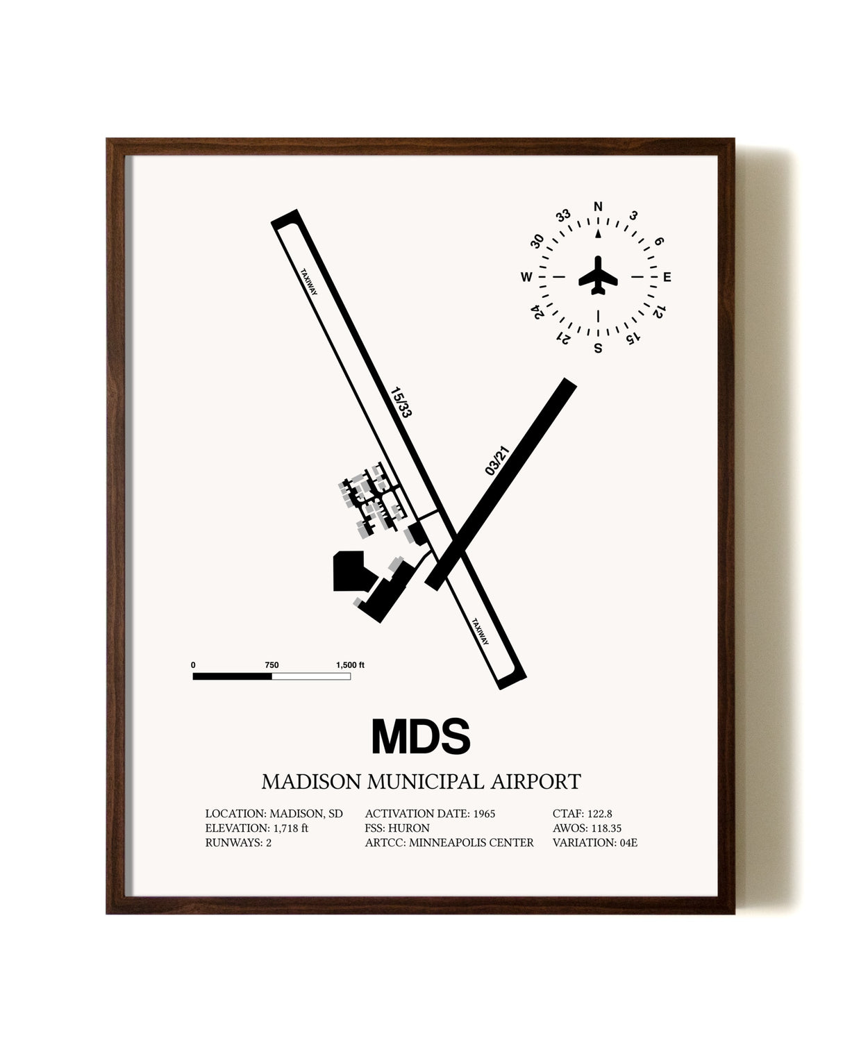 Madison Municipal Airport aviation print in walnut frame