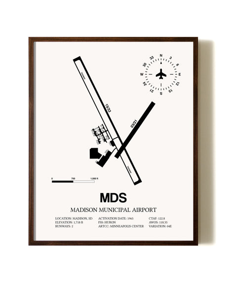 Madison Municipal Airport aviation print in walnut frame