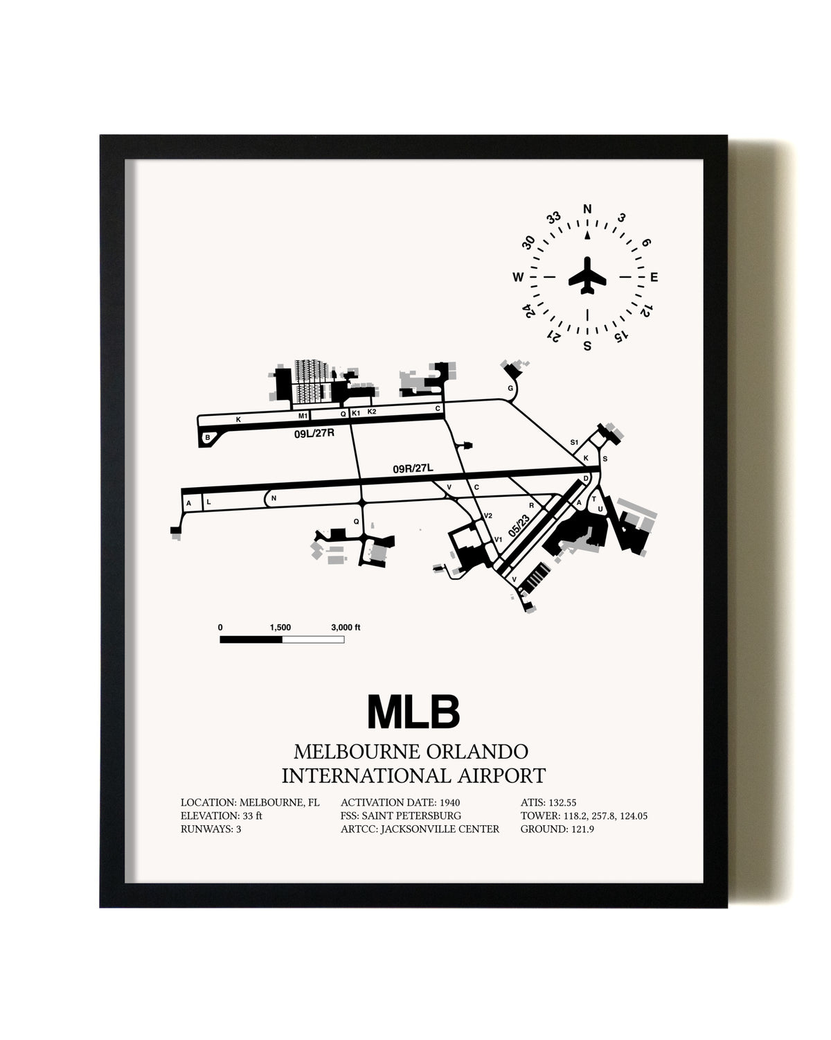 Framed Melbourne Orlando International Airport wall art poster in black frame