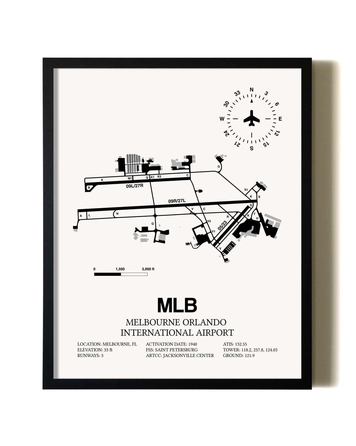 Framed Melbourne Orlando International Airport wall art poster in black frame