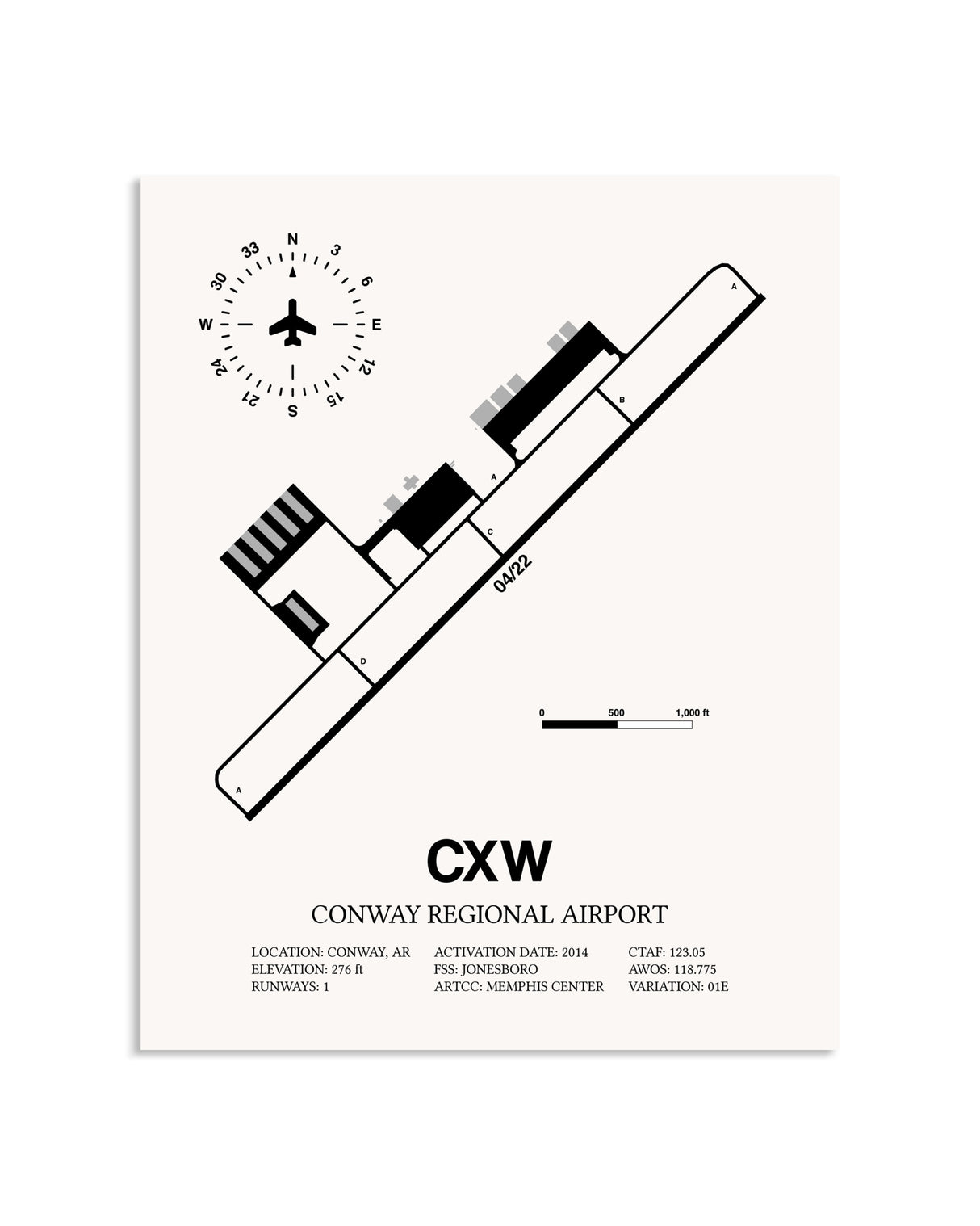 Gray Conway Regional Airport framed poster displayed in an airplane hangar
