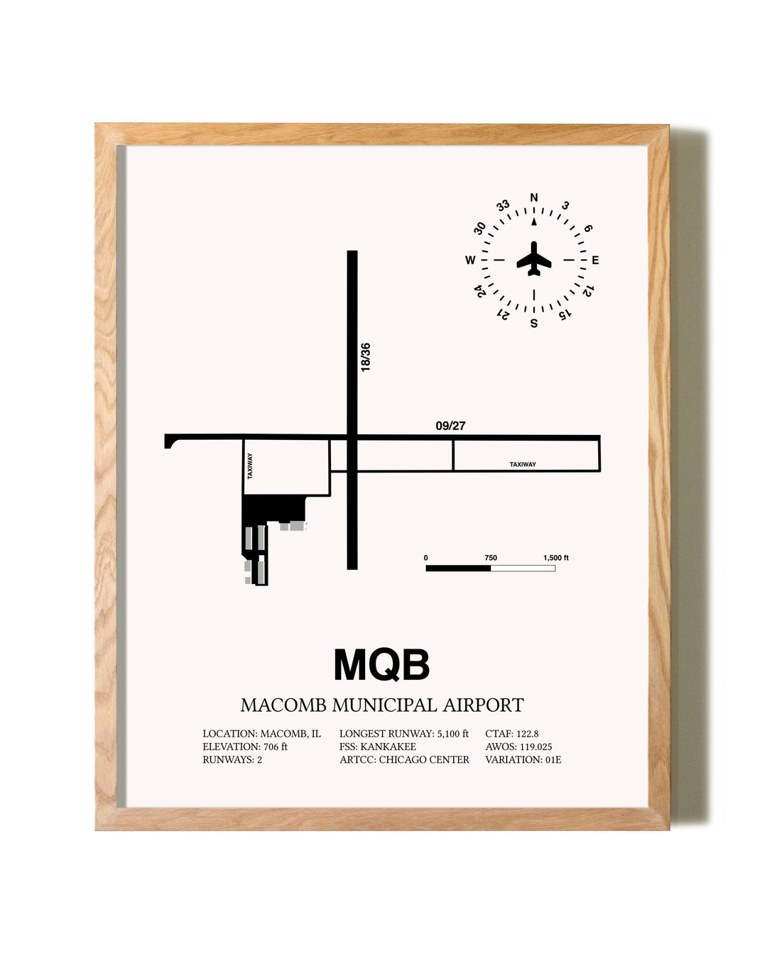 Macomb Municipal Airport framed print in natural wood frame