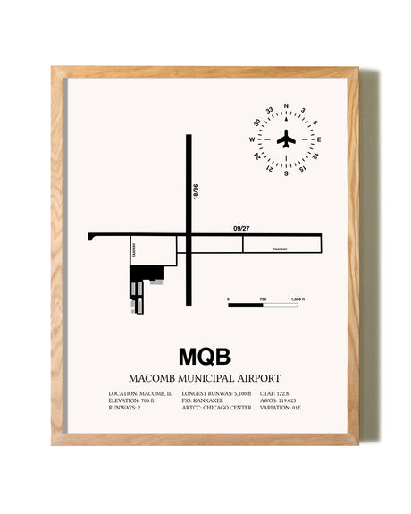 Macomb Municipal Airport framed print in natural wood frame