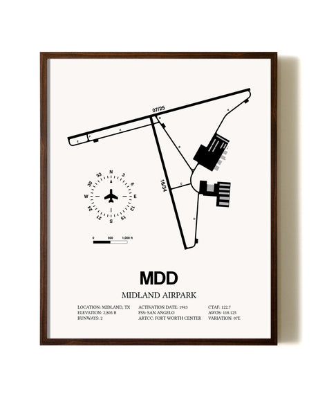 Midland Airpark aviation print in walnut frame