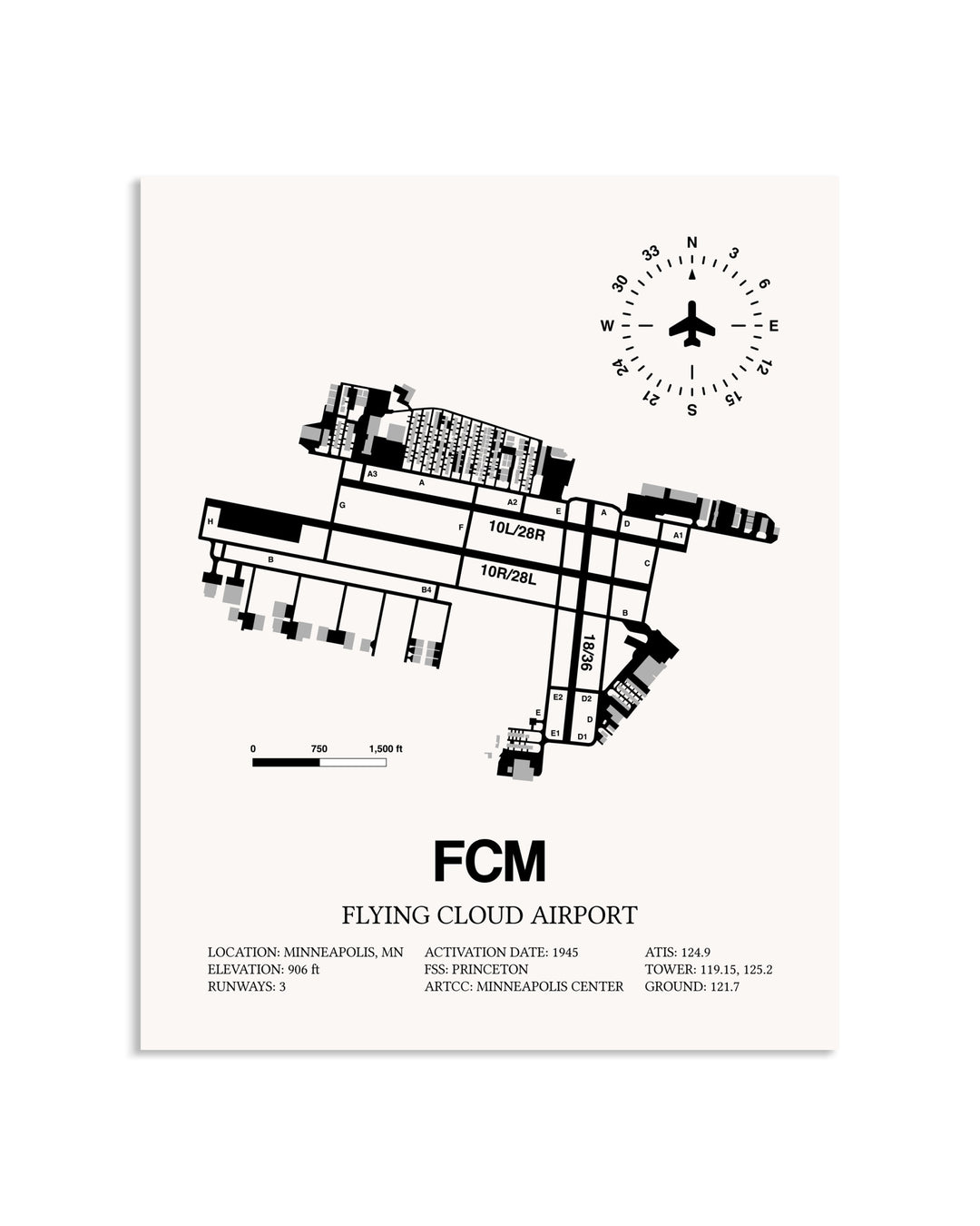 Gray Flying Cloud Airport framed poster displayed in an airplane hangar