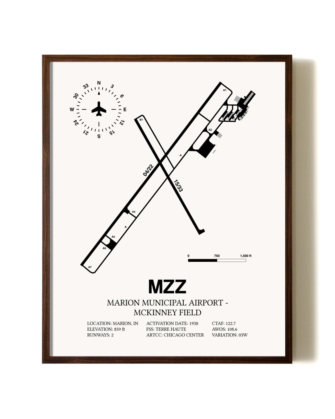 Marion Municipal Airport-McKinney Field aviation print in walnut frame