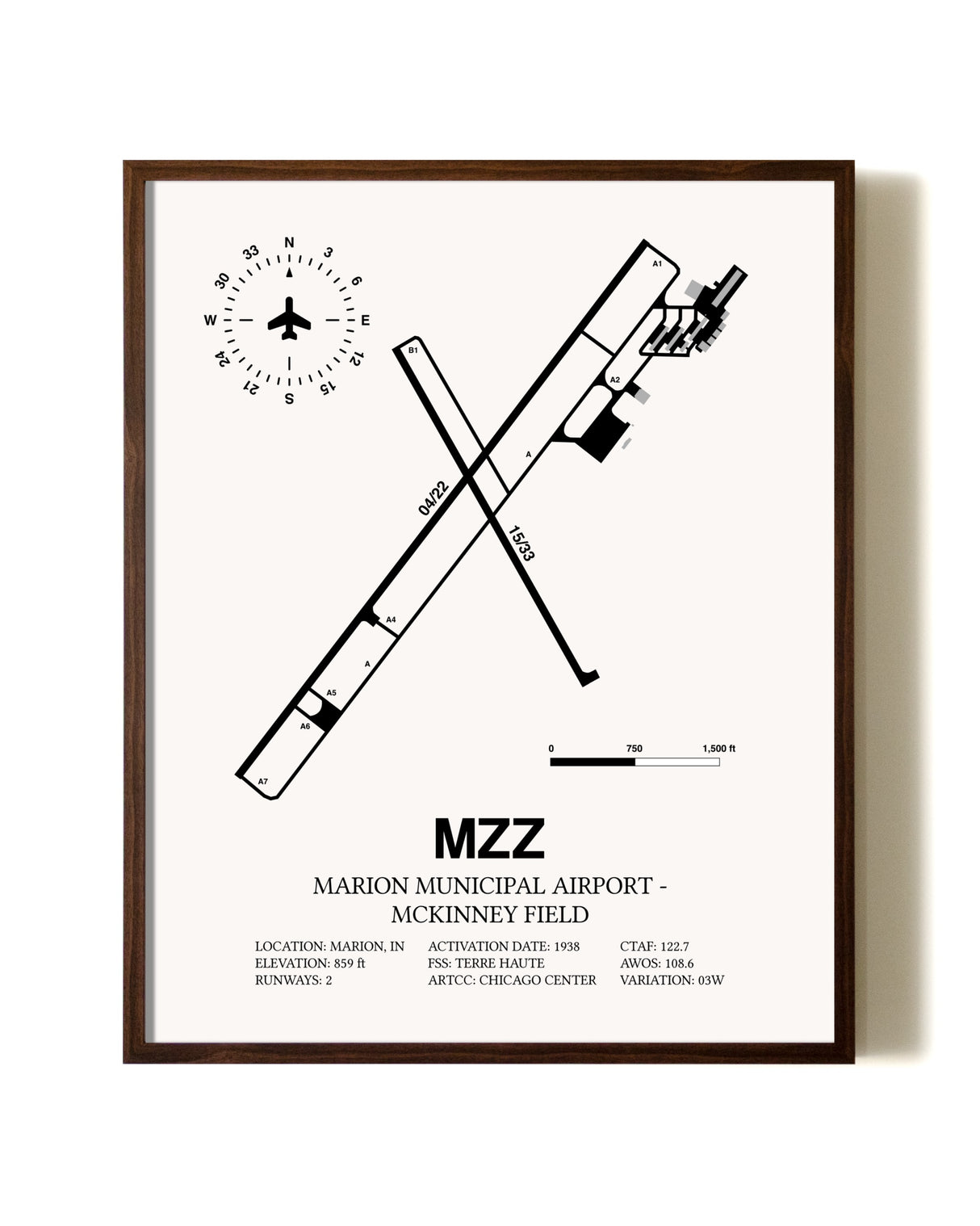 Marion Municipal Airport-McKinney Field aviation print in walnut frame