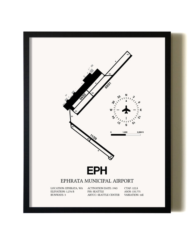 Framed Ephrata Municipal Airport wall art poster in black frame