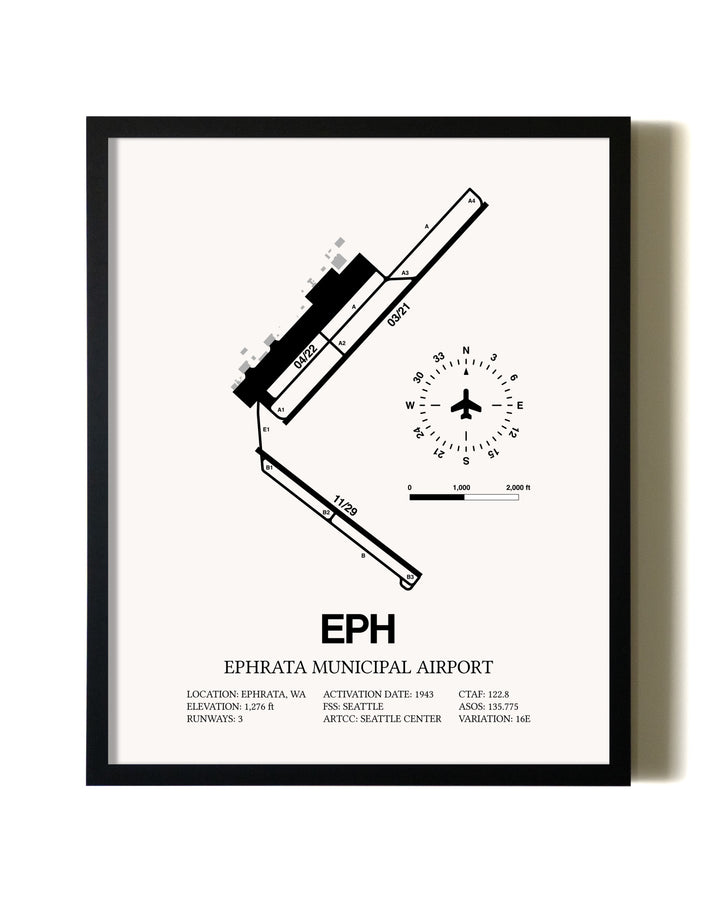 Framed Ephrata Municipal Airport wall art poster in black frame