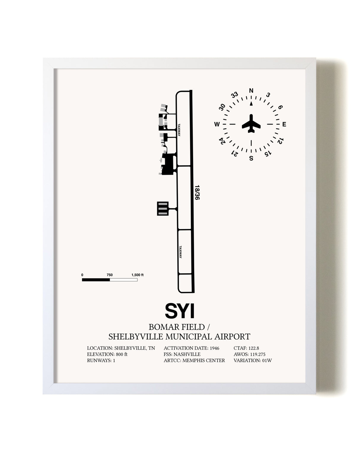 Bomar Field / Shelbyville Municipal Airport airport map poster in oak frame