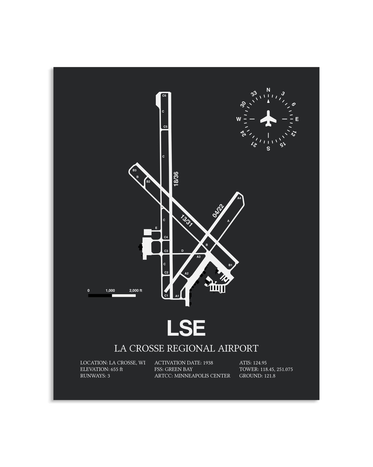 Gray Framed La Crosse Regional Airport layout wall art poster
