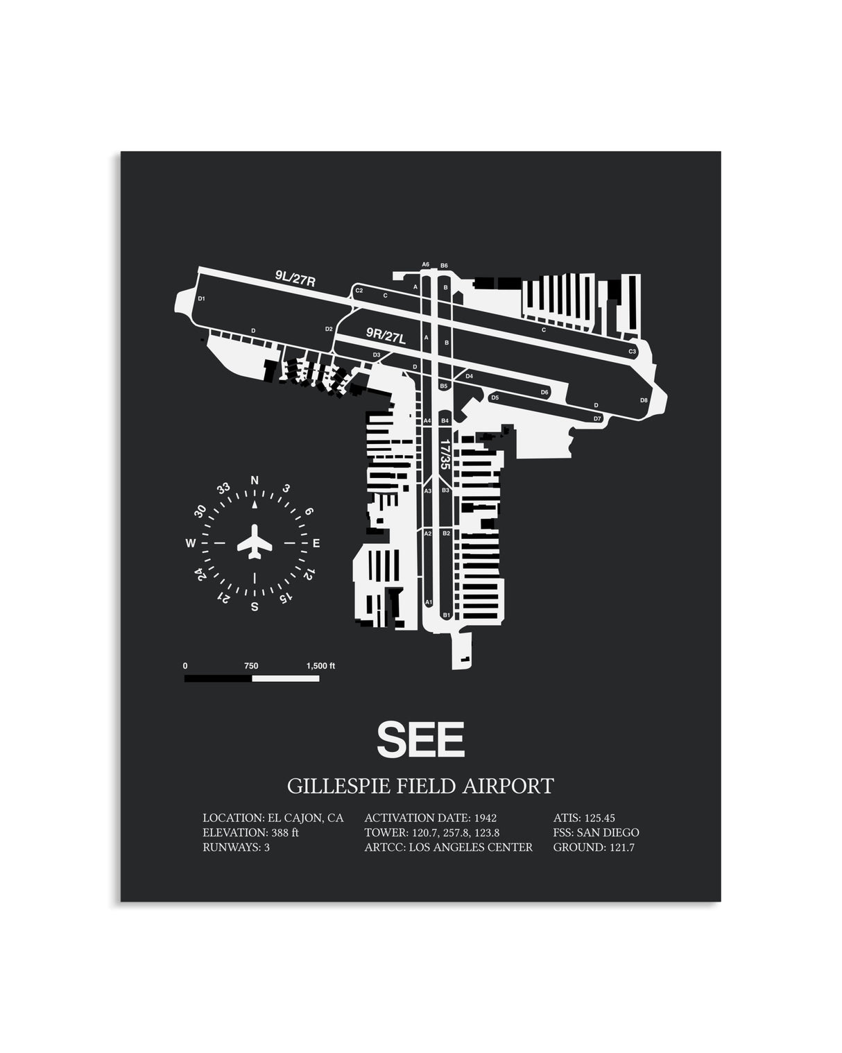 Gray Framed Gillespie Field Airport layout wall art poster