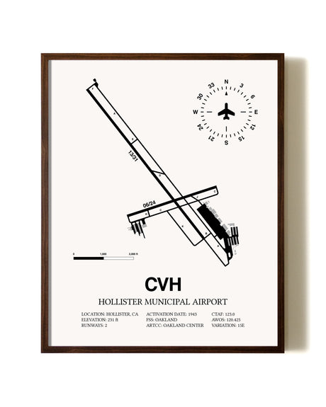 Hollister Municipal Airport aviation print in walnut frame