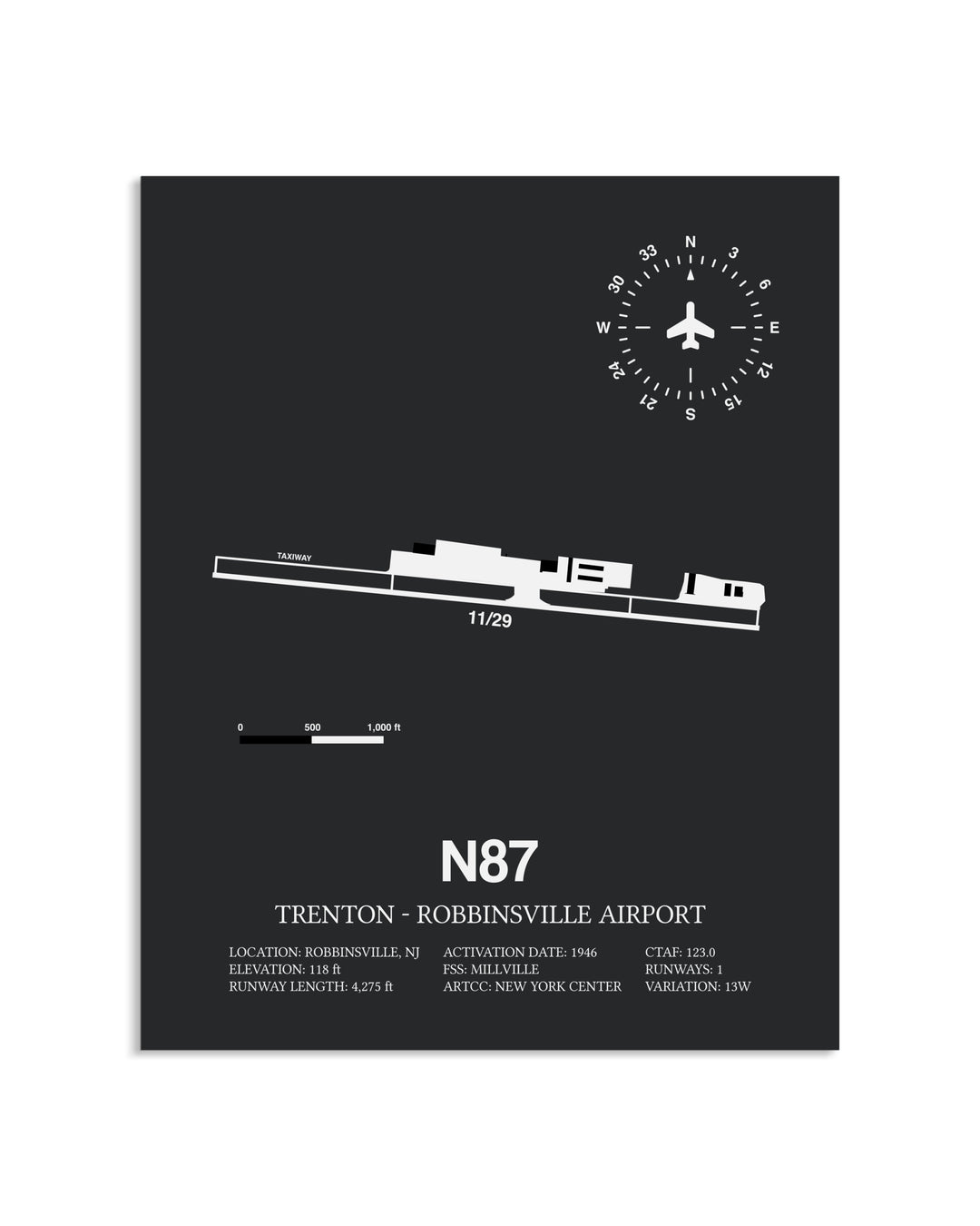 Gray Framed Trenton-Robbinsville Airport layout wall art poster