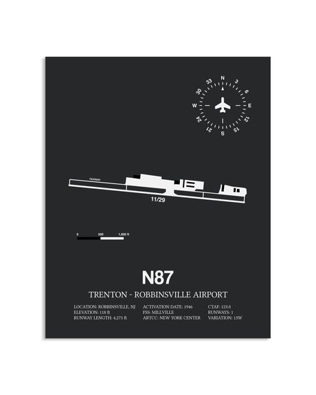 Gray Framed Trenton-Robbinsville Airport layout wall art poster
