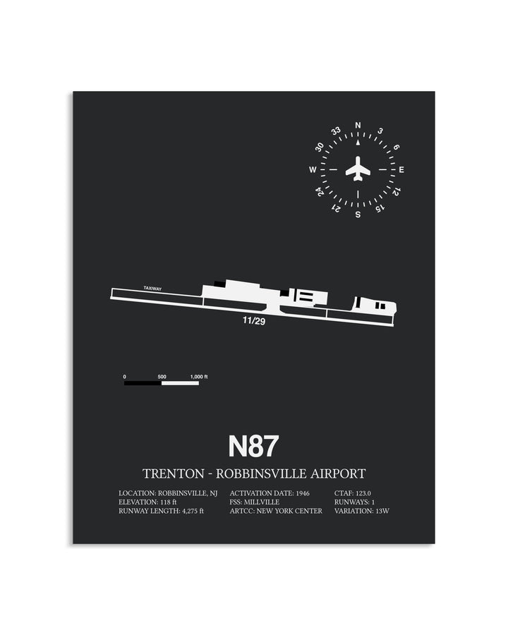Gray Framed Trenton-Robbinsville Airport layout wall art poster