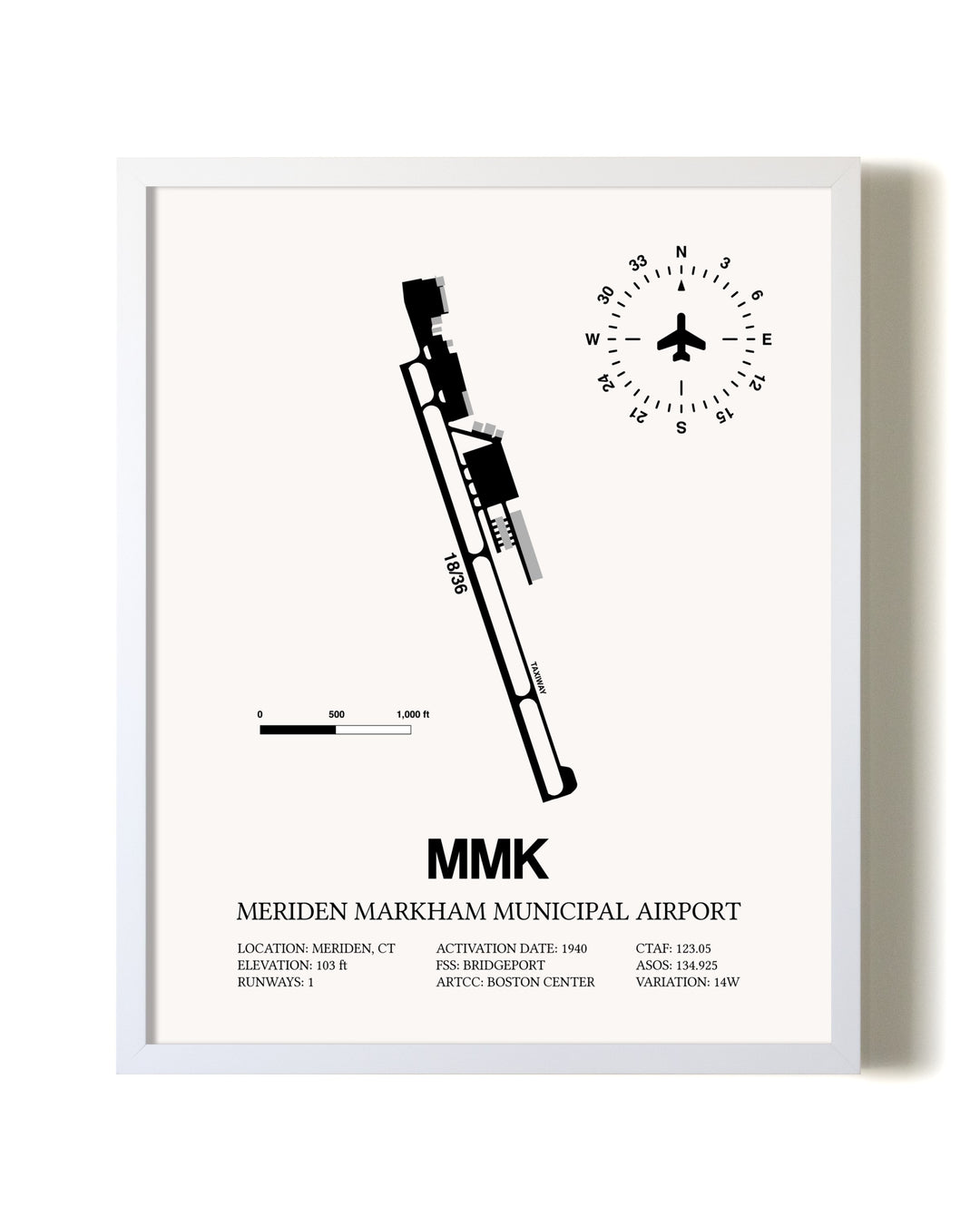 Meriden Markham Municipal Airport airport map poster in oak frame
