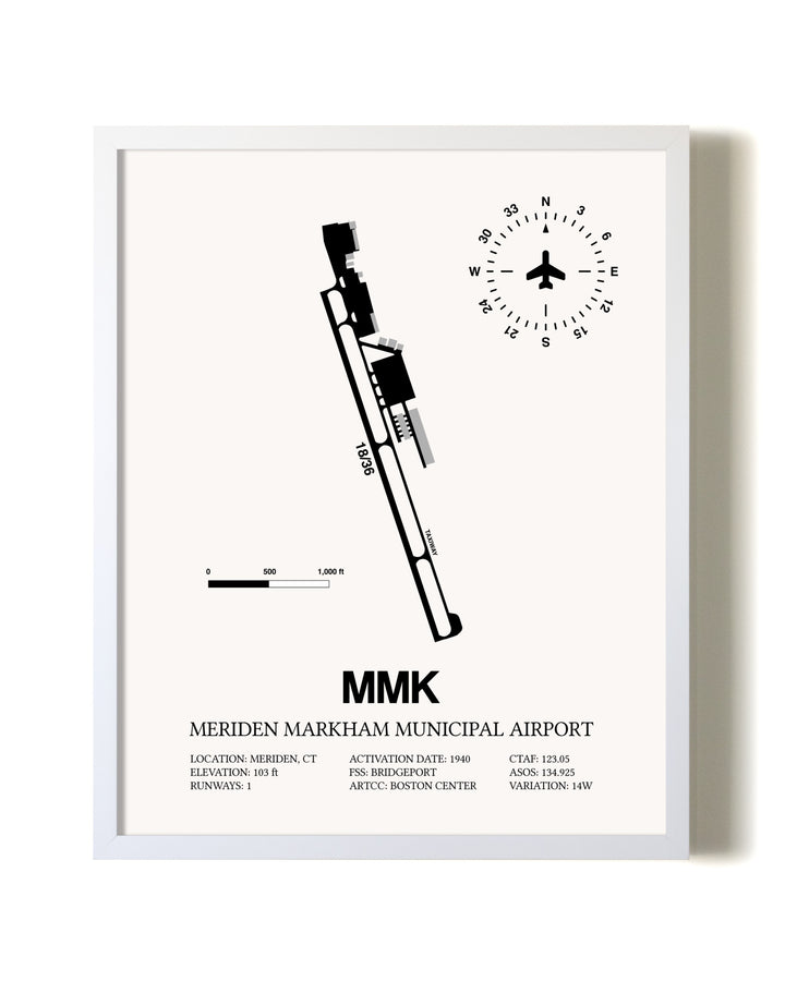 Meriden Markham Municipal Airport airport map poster in oak frame