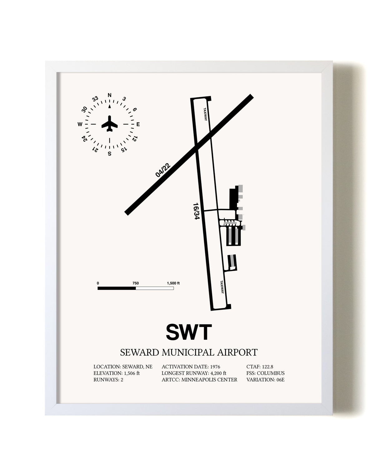 Seward Municipal Airport airport map poster in oak frame