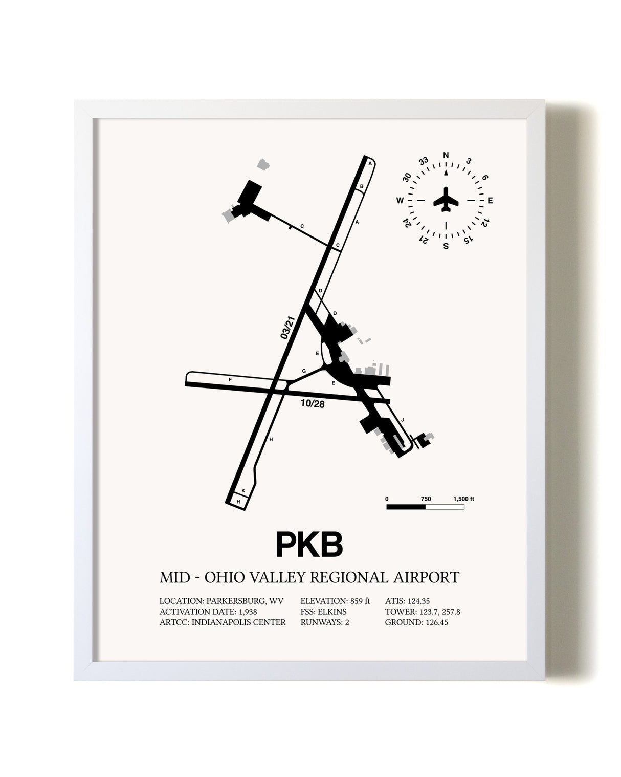 Mid-Ohio Valley Regional Airport airport map poster in oak frame