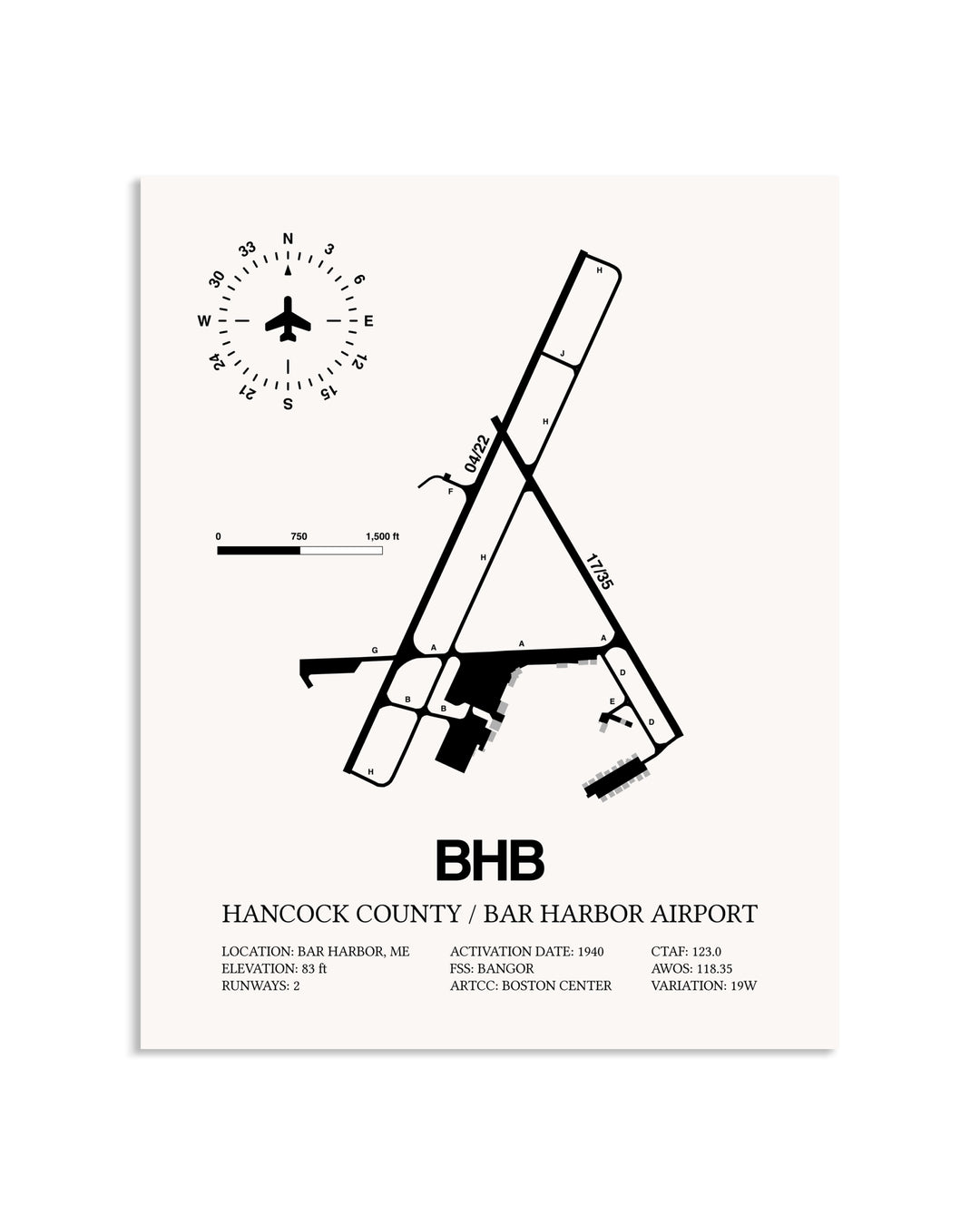 Gray Hancock County / Bar Harbor Airport framed poster displayed in an airplane hangar