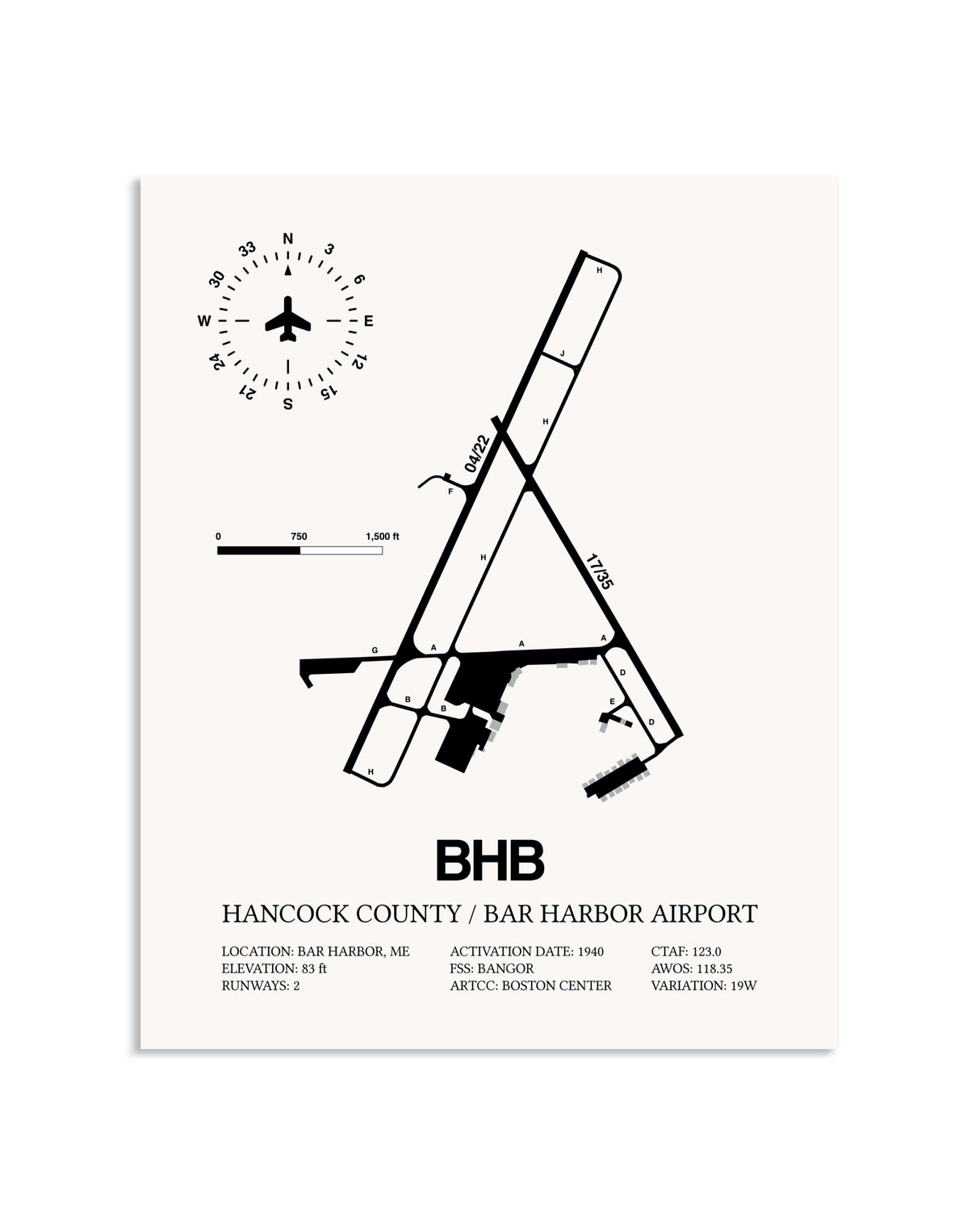Gray Hancock County / Bar Harbor Airport framed poster displayed in an airplane hangar
