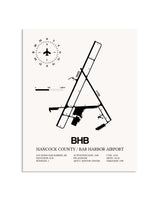 Gray Hancock County / Bar Harbor Airport framed poster displayed in an airplane hangar