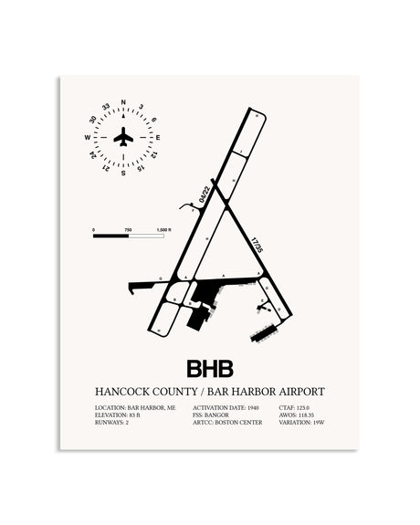 Gray Hancock County / Bar Harbor Airport framed poster displayed in an airplane hangar