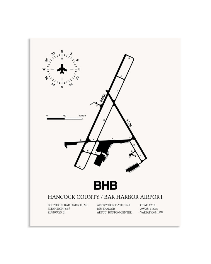 Gray Hancock County / Bar Harbor Airport framed poster displayed in an airplane hangar