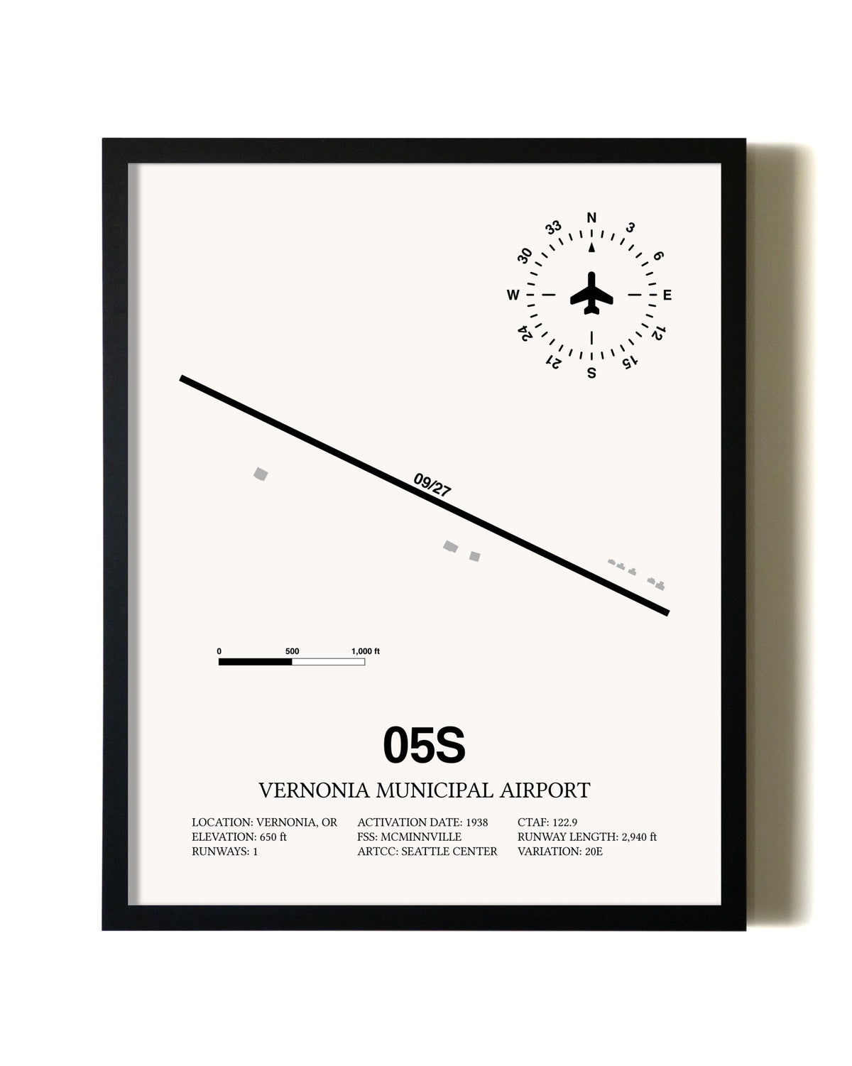 Framed Vernonia Municipal Airport wall art poster in black frame
