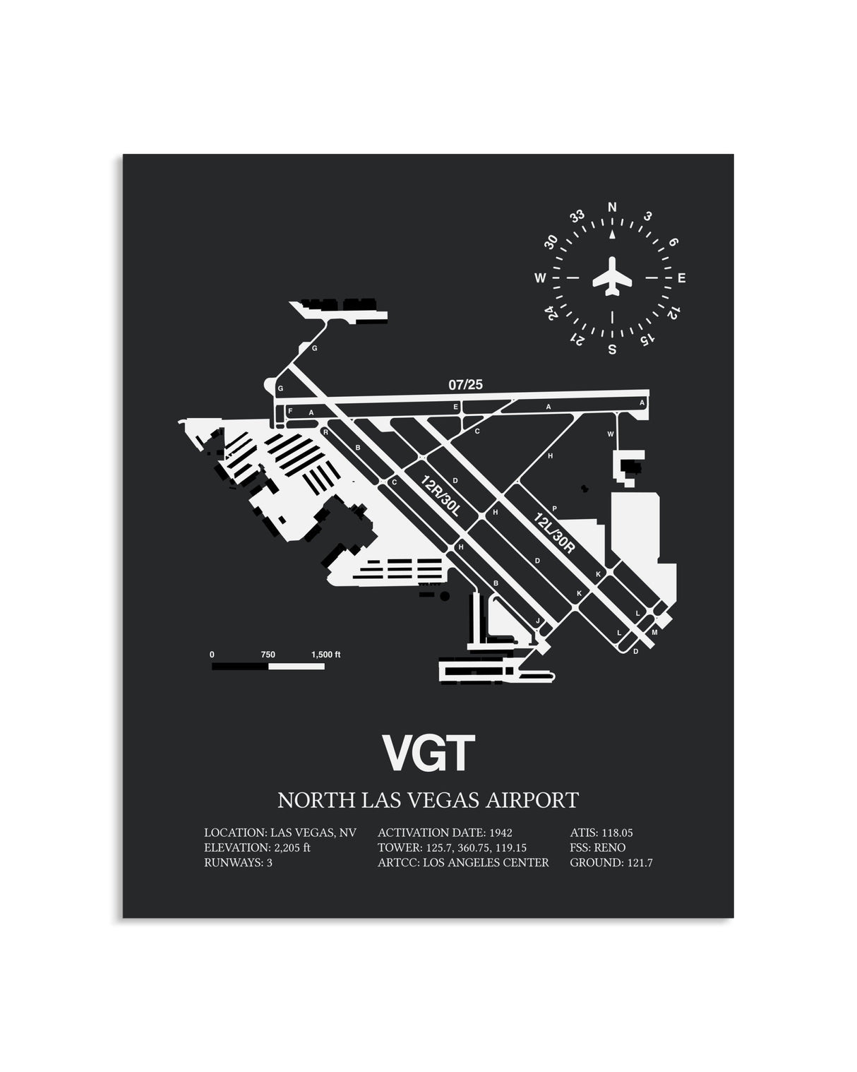 Gray Framed North Las Vegas Airport layout wall art poster