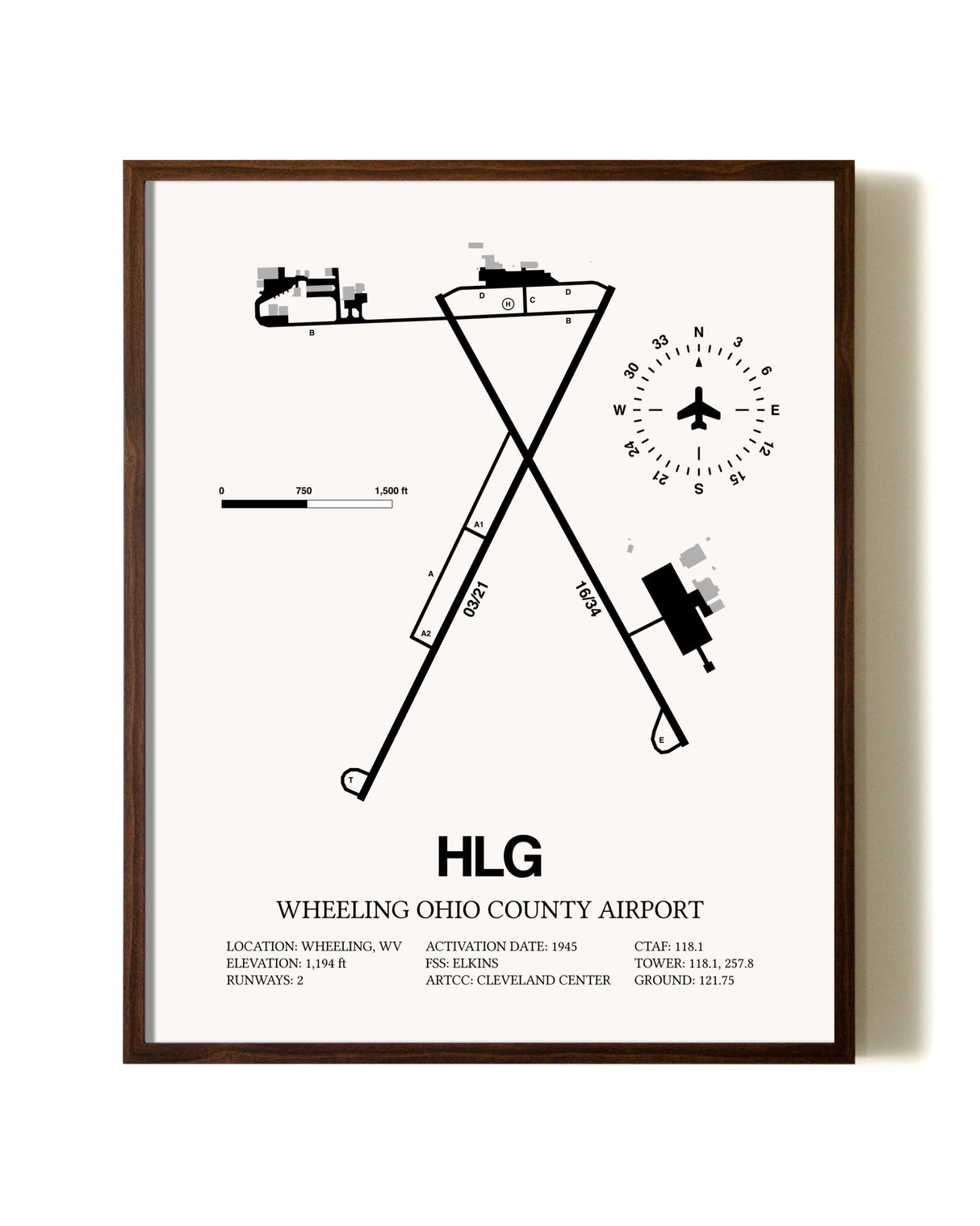 Wheeling Ohio County Airport aviation print in walnut frame