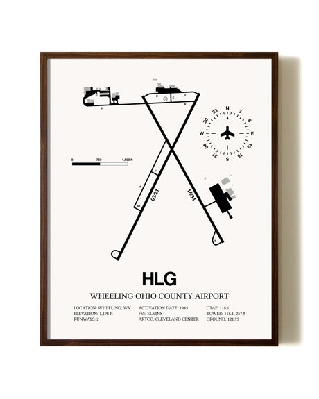 Wheeling Ohio County Airport aviation print in walnut frame