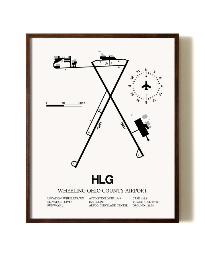 Wheeling Ohio County Airport aviation print in walnut frame