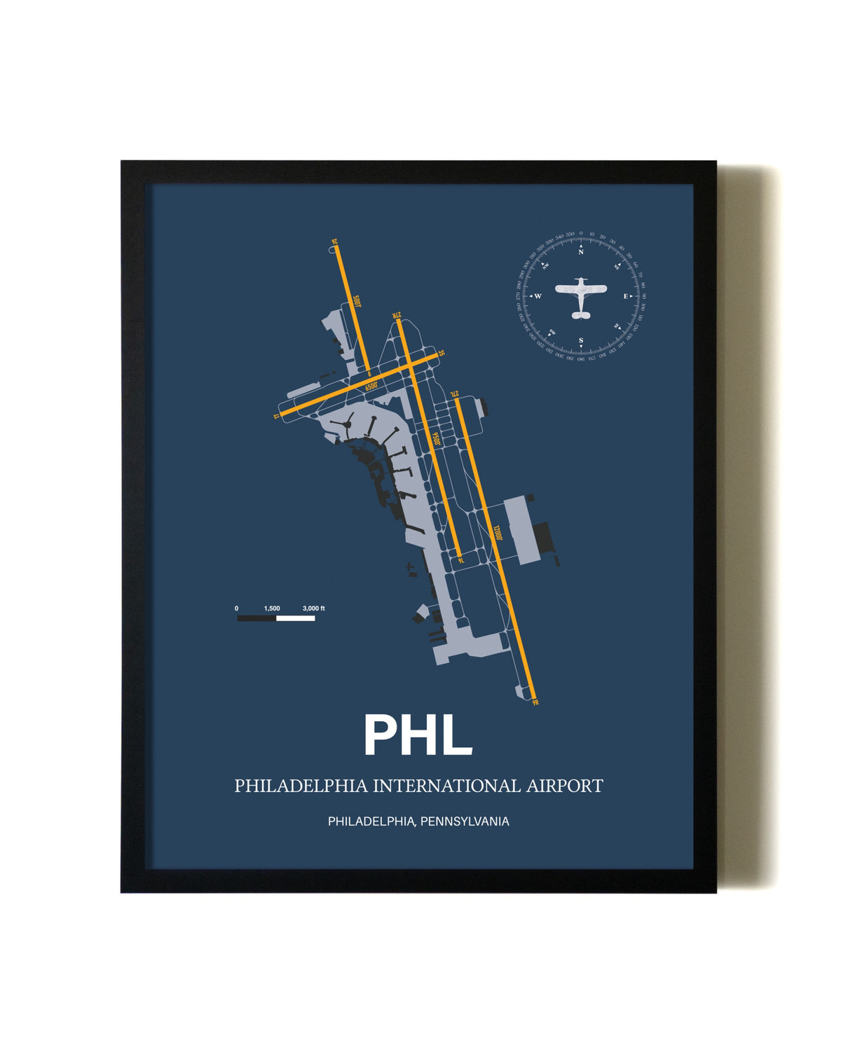 Blue and Yellow Framed Philadelphia International Airport wall art poster in black frame