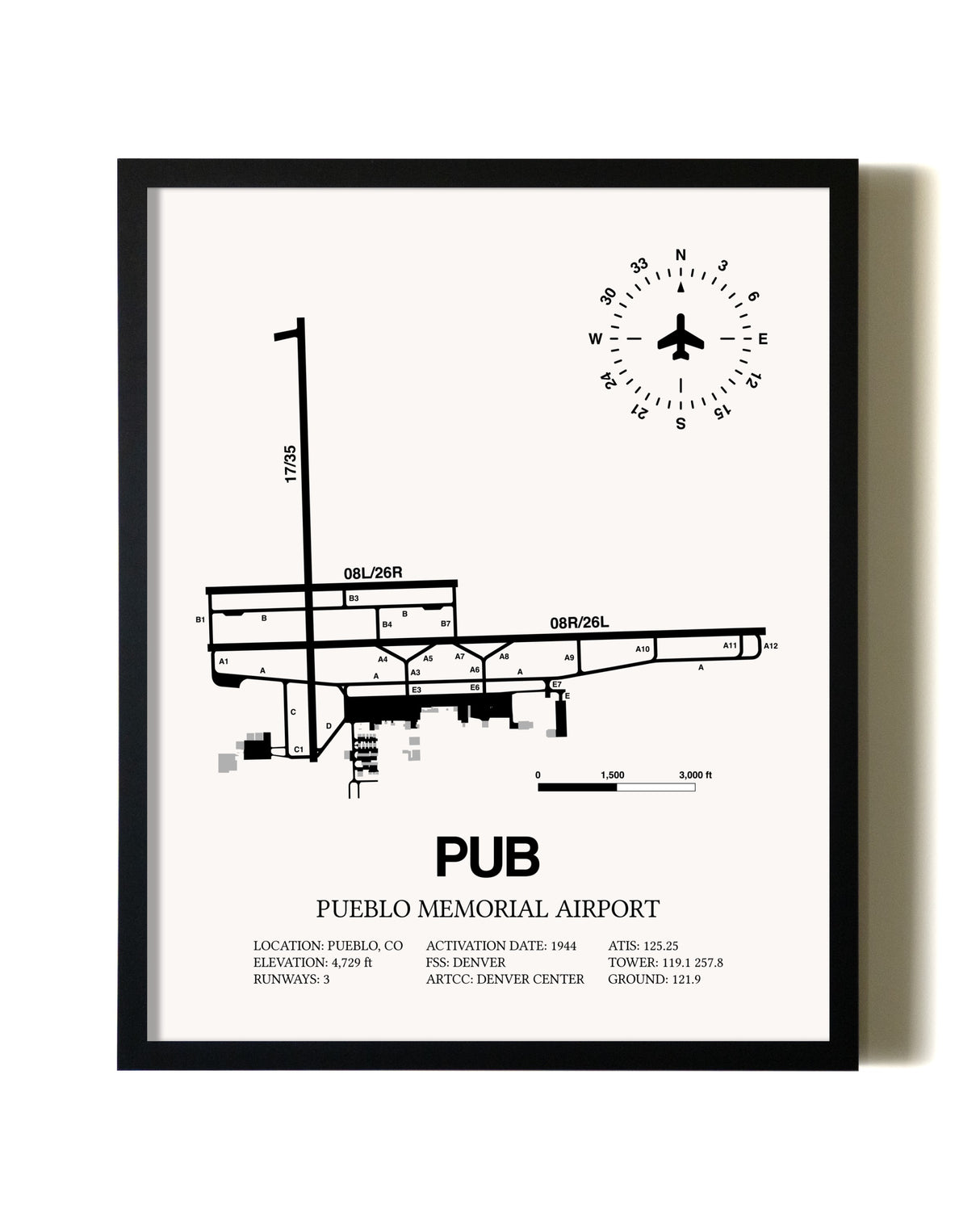 Framed Pueblo Memorial Airport wall art poster in black frame