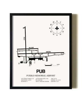 Framed Pueblo Memorial Airport wall art poster in black frame